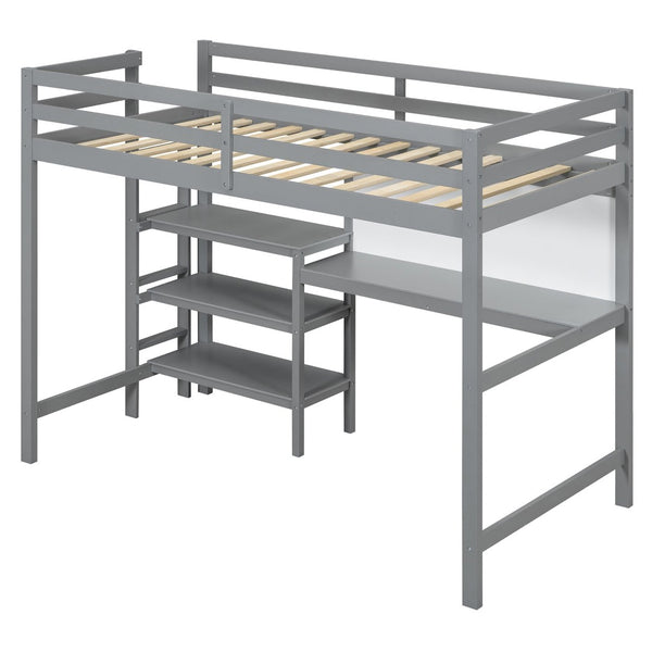 English Elm Twin Loft Bed with Built-in Desk Shelving and Dry-erase Board for Kids Rooms Gray LT100320AAE