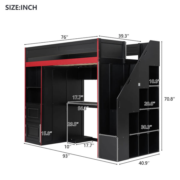 English Elm Gaming Twin Loft Bed with Led Desk Storage Locker and Bold Black Red Finish N709P004102J