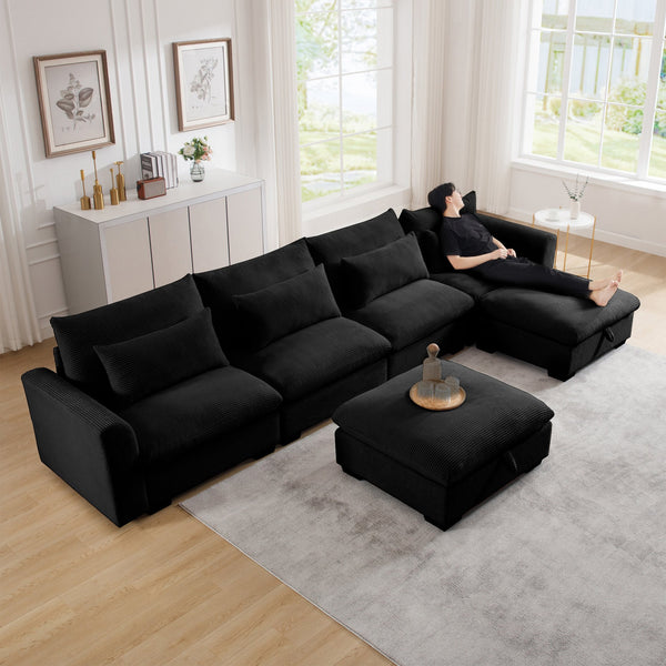 English Elm Big Corduroy U-Shaped Sectional Sofa 4-Seater with Deep Seats, Storage Ottomans & Waist Pillows W714S00853