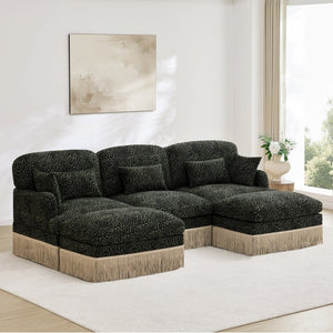 English Elm 100"comfy Chenille Leopard Print U-shaped Sectional with Tassel Trim and Modular Ottomans Green W5656S00033