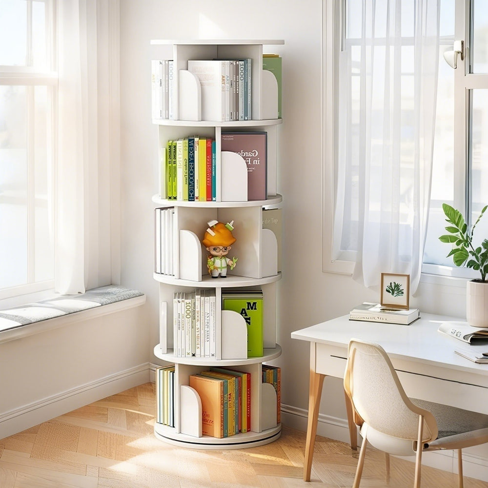 English Elm 5 Tier Rotating Bookshelf Tower with Curved Edges, 360° Smooth Spin, Stable Double-Layer Base, Space-Saving Storage White W3204P293743