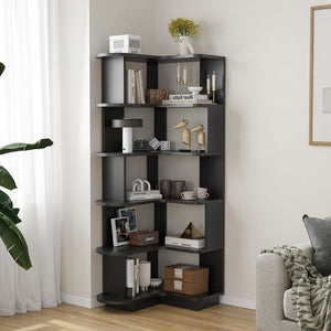 English Elm 5-tier Corner Bookcase L-shaped Freestanding Open Shelf Display for Home Office Black T3623P436781