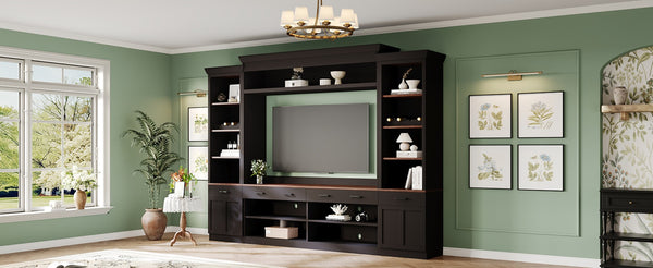 English Elm On-Trend Farmhouse 4-Piece Tv Entertainment Wall Unit For 70" Tvs, Walnut Finish & Wine Rack Storage N721S000046B-GIGA