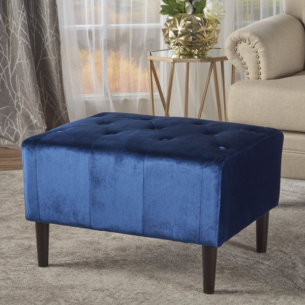 English Elm Christopher Knight Home® - OTTOMAN Tufted Velvet Mid Century Footstool with Buttoned Design, Birch Legs, Plush Seating Accent for Living Rooms Navy Blue 61671.00NBL