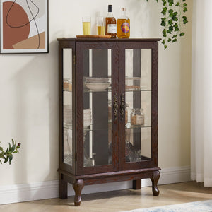 English Elm Cherry Curio Cabinet with Lighted Tempered Glass, Mirrored Back, Adjustable Shelves & Antique Handle W1758P300118