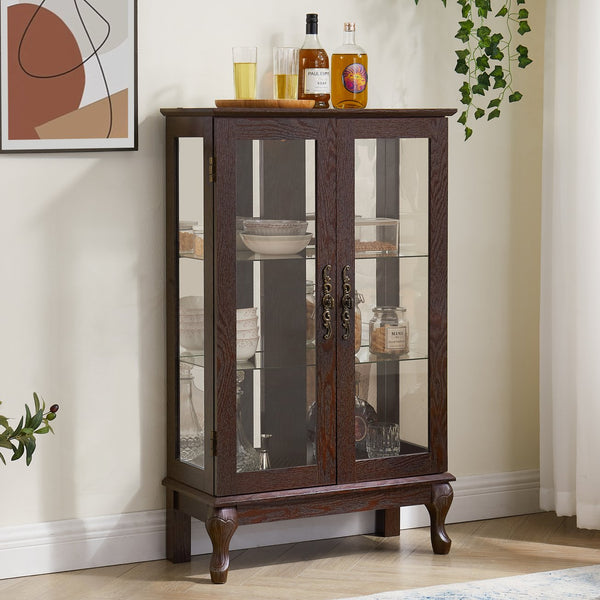 English Elm Cherry Curio Cabinet with Lighted Tempered Glass, Mirrored Back, Adjustable Shelves & Antique Handle W1758P300118