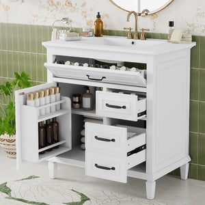 English Elm 30 Inch Freestanding Bathroom Vanity Solid Pine Cabinet Ceramic Sink Top Storage White N725P412782K