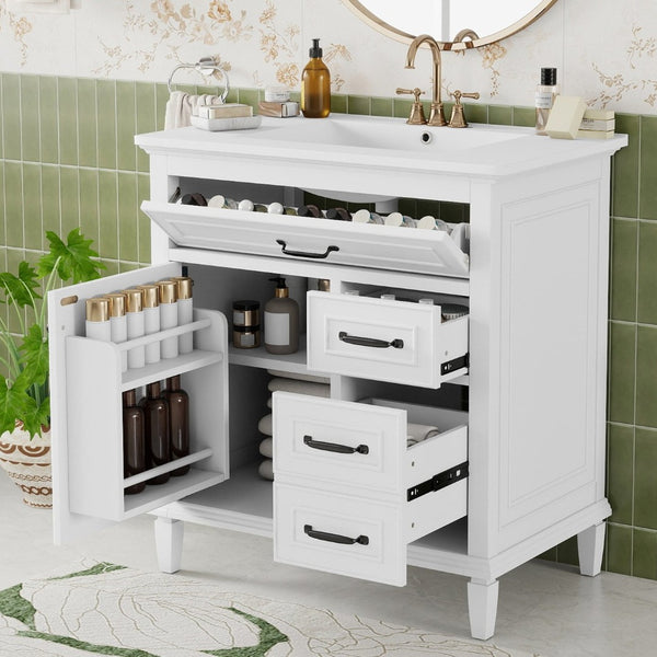 English Elm 30 Inch Freestanding Bathroom Vanity Solid Pine Cabinet Ceramic Sink Top Storage White N725P412782K