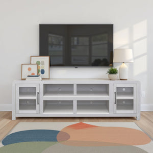English Elm Haven 82" TV Stand with Glass Doors & Cable Management, Oak Veneer, Fully Assembled White Finish B108P364416