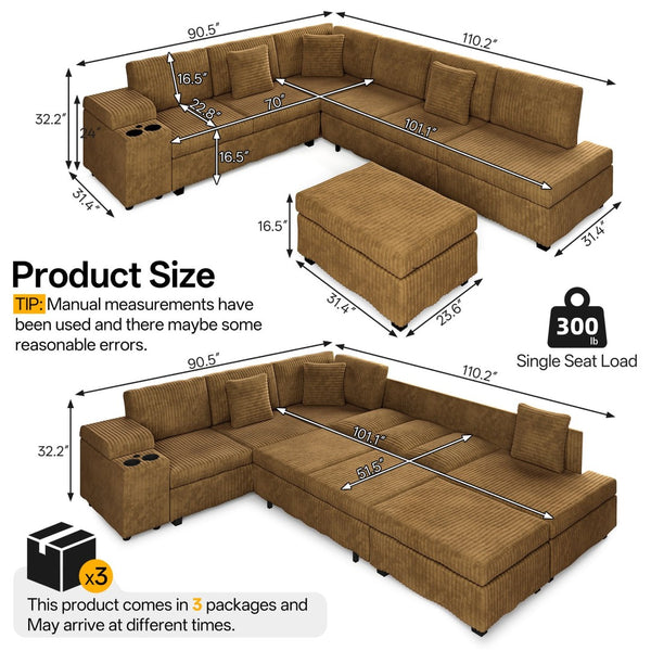 English Elm 110.2" Corduroy Sectional Sleeper Sofa with Ottoman Usb Ports Storage Armrests Living Room Camel W3219S00015