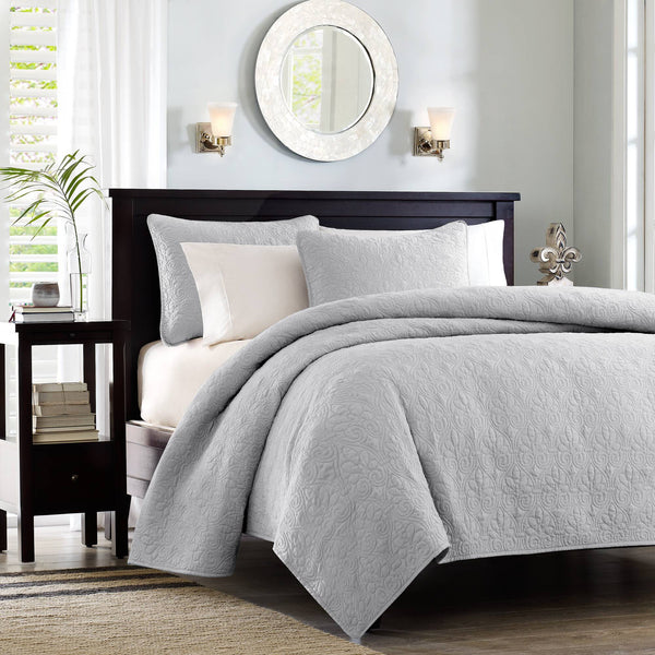 JLA Home Madison Park - 3 Reversible Quilt Set with Textured Stitching, Breathable Prewashed Cotton Fill, Antimicrobial Protection, Machine Washable Grey MP13-1370