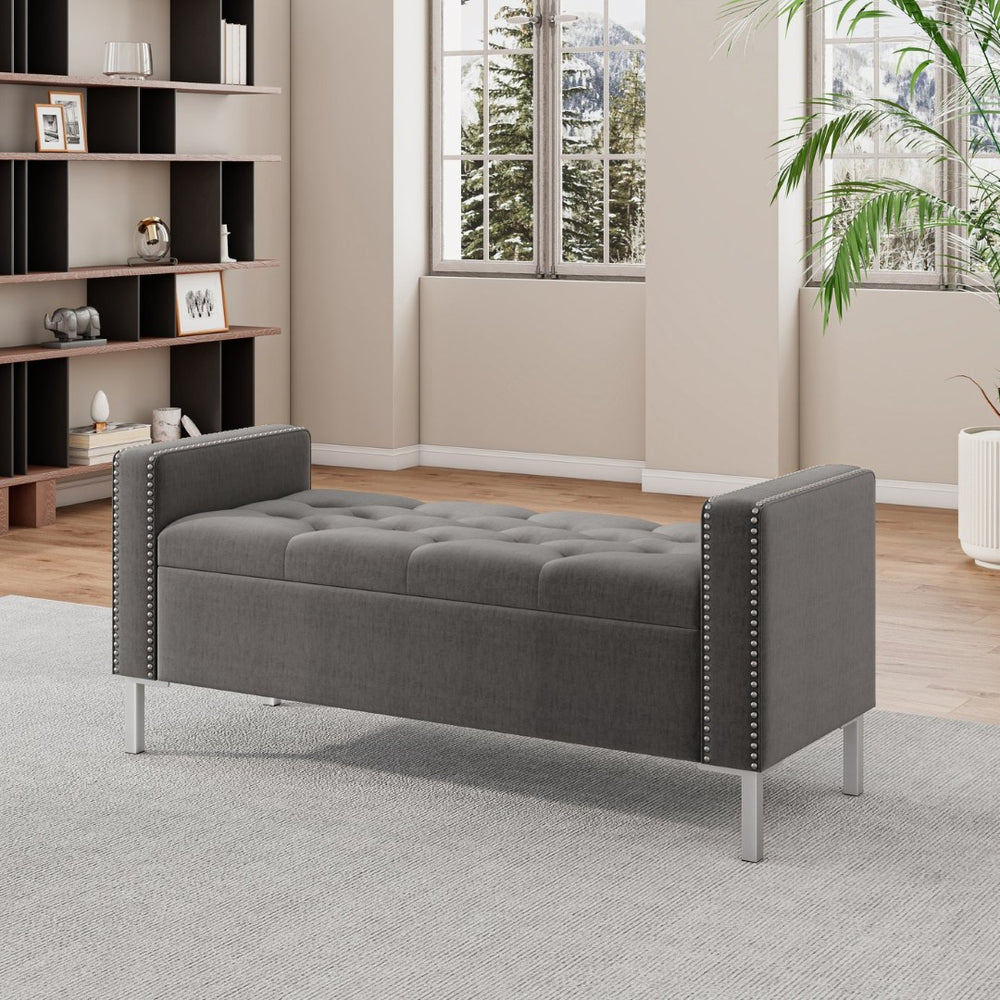 English Elm Square Arm Velvet Tufted Bench with Nailhead Detail for Bedroom or Entryway B127P409830