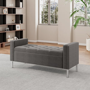 English Elm Square Arm Velvet Tufted Bench with Nailhead Detail for Bedroom or Entryway B127P409830
