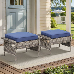 English Elm Outdoor Handwoven Pe Wicker Ottoman Set Patio Footrests with Weather Resistant Cushions Blue T3773P416509