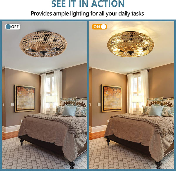 English Elm Rattan 5-Bulb Ceiling Fan Light with Remote, Dimmable LED, Reversible Quiet DC Motor, Timer Modes W2738P242331