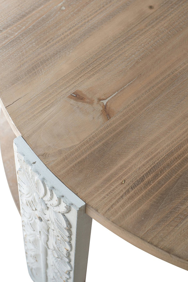 English Elm 31.5x31.5x17.7" Round Wooden Coffee Table with Two-Tier Design, Carved White Legs, Natural Brown Finish, Storage Shelf W2078P392532