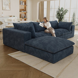 English Elm 118.2" Modular Cloud Sofa Corduroy Upholstered Deep Seat Lounge for Living Room Blue W2824S00153