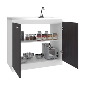 English Elm Zurich Freestanding Stainless Steel Utility Sink with Black Storage Cabinet for Garage Black & White Print B200S00458
