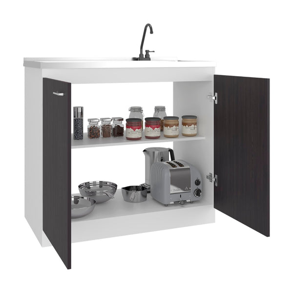 English Elm Zurich Freestanding Stainless Steel Utility Sink with Black Storage Cabinet for Garage Black & White Print B200S00458