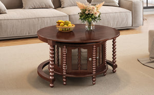 English Elm Vintage Walnut Nesting Coffee Table with Bamboo-Style Glass Doors, Retro Beaded Legs, Space-Saving Design N735P305623D