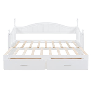 English Elm Wooden Twin Daybed with Trundle and Two Storage Drawers, Solid MDF Frame, Guardrails for Safety and Style White 43.5 L x 24.75 W x 6 H N733S173459K
