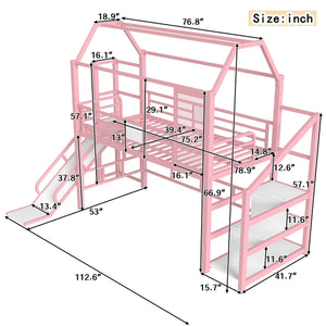 English Elm Twin House Loft Bed with Slide and Stairs, Metal Playhouse with Storage Shelves and Quiet Design Pink W1580S00349
