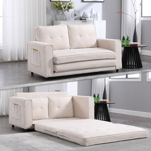 Hearth and Haven {Video Provided}Beige Folding Sofa Bed with Two Storage Pockets, Linen Convertible Foldable Couch Bed, Loveseat Sleeper Sofa, Sofa Bed Couch, Couches For Living Room, Apartment W2325P145175