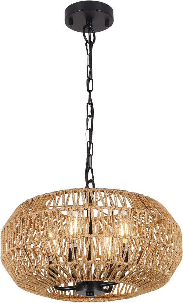 English Elm Farmhouse Rattan Pendant Lights - 4-Light Boho Chandelier, Adjustable Wicker Fixture For Any Space W2738P185429