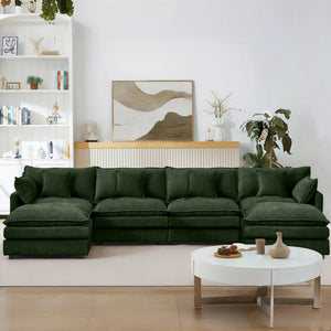 English Elm Modular U-Shaped Sectional Sofa - 130.7 Inch Cozy 4-Seater Couch With Movable Ottomans, Green Chenille W1359S00041