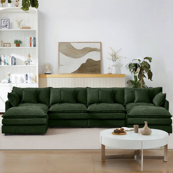 English Elm Modular U-Shaped Sectional Sofa - 130.7 Inch Cozy 4-Seater Couch With Movable Ottomans, Green Chenille W1359S00041