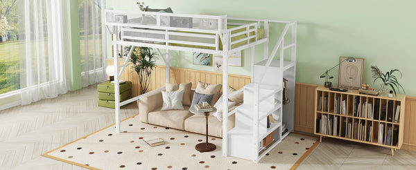 English Elm Full Size Loft Bed With Stairs & Shelves - Stylish Metal High Loft Bed For Kids & Teens, White Finish W2580S00032