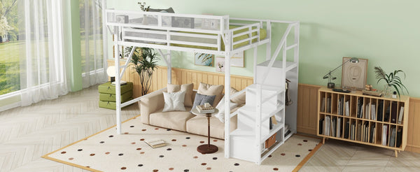 English Elm Full Size Metal Loft Bed with Stair Wardrobe and Shelves for Kids Teen Rooms W2580S00056