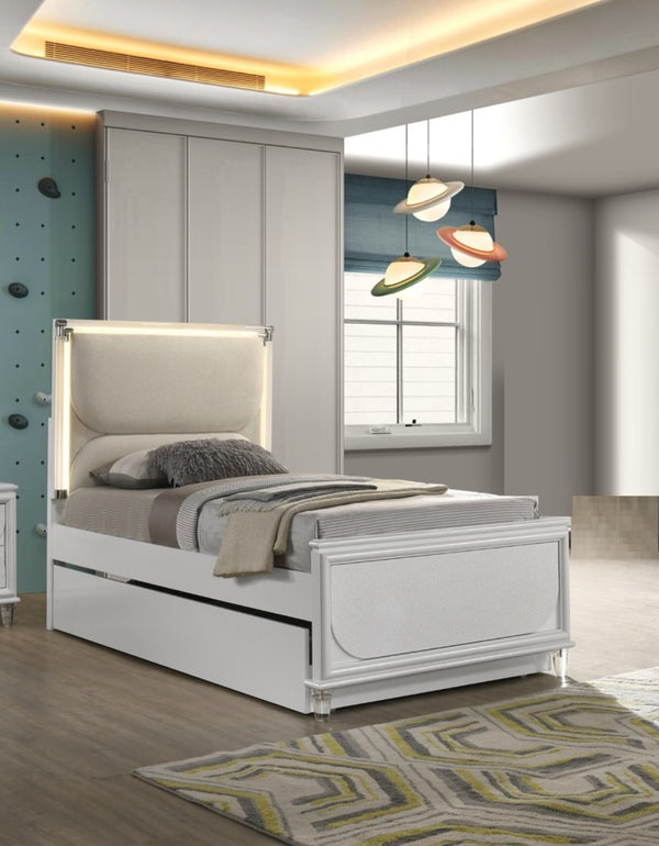 English Elm Contemporary Glam Pearl White Upholstered Full Bed With Led Trundle & Embossed Panels, Stylish Design B2741S00383