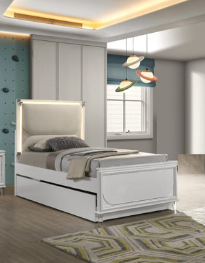 English Elm Contemporary Glam Twin Bed Set with Led Headboard Embossed Panels and Trundle Included B2741S00386