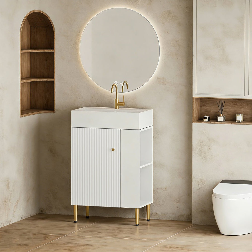 English Elm 21.6" Compact Bathroom Vanity Ceramic Sink Soft Close Cabinet Open Shelf White W1920S00188