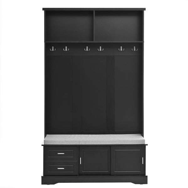 English Elm On-Trend Stylish Hall Tree With Sliding Doors, 6 Hooks, Cushion Bench & Smart Storage For Entryways N721P205787B-GIGA