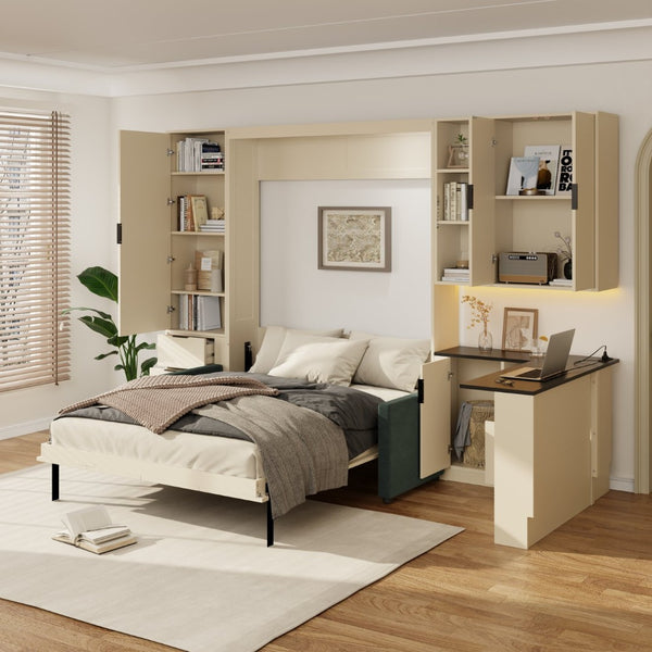 English Elm Queen Murphy Wall Bed Hydraulic Lift Velvet Sofa Built-in Shelves Led Studio Unit Cream LP000392AAA