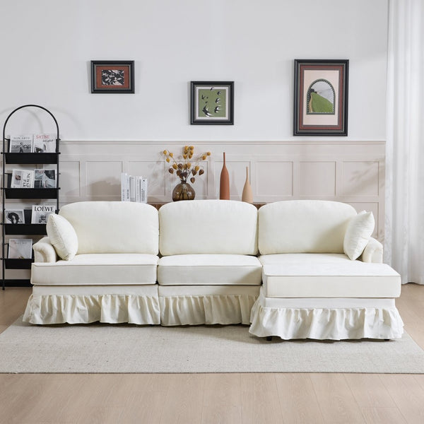 English Elm 103.15'' Chenille L-shaped Sectional Sofa with Detachable Pleated Skirt and Ottoman White W3612S00044
