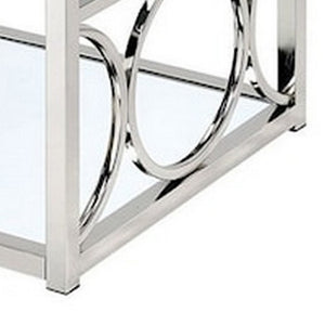 English Elm Paire Rectangular Glass Top Coffee Table with Mirrored Shelf and Silver Metal Frame B056P416836