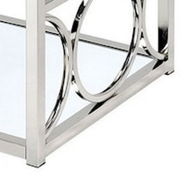 English Elm Paire Rectangular Glass Top Coffee Table with Mirrored Shelf and Silver Metal Frame B056P416836