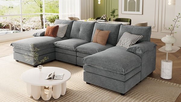 English Elm U_STYLE U-Shaped Chenille Sectional Sofa with Adjustable Armrests, 6-Seater, Removable Covers, Durable Construction Gray WY000430AAE