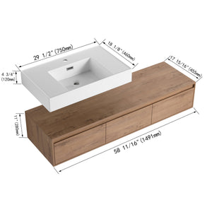 English Elm 60-Inch Wall-Mounted Bathroom Vanity With Stylish Resin Sink, Soft-Close Drawers & Modern Design W999S00355