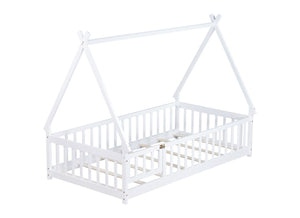 English Elm Twin Teepee Floor Bed With Guardrails - Whimsical White Design For Cozy Child'S Room Decor W504P345781-GIGA