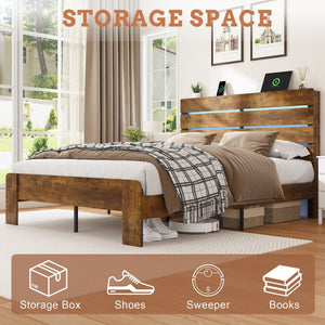 English Elm Full Storage Bed Frame with Led Headboard Charging Station and Industrial Rustic Design W1550P366932