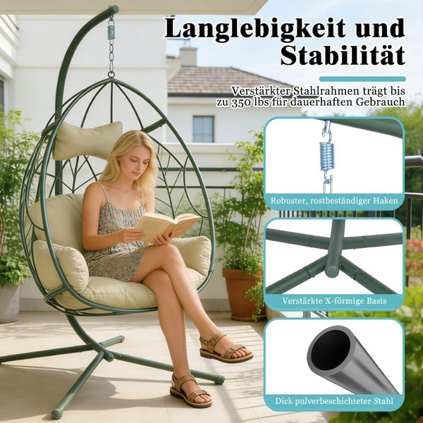 English Elm Hanging Egg Chair with Steel Stand Tufted Cushion Resort Style Patio Swing Seat T5880P492679