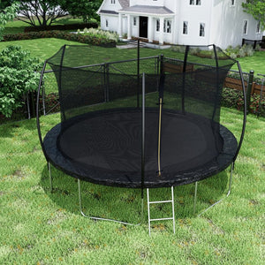 English Elm 14ft Trampoline with Curved Pole Enclosure Net Galvanized Frame and Safety Ladder W285P236466