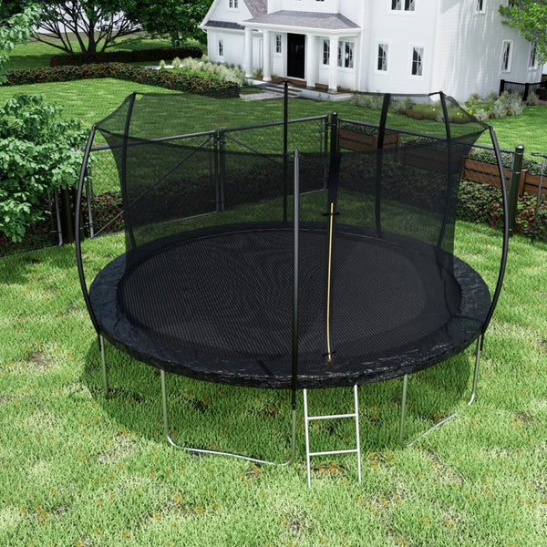 English Elm 14ft Trampoline with Curved Pole Enclosure Net Galvanized Frame and Safety Ladder W285P236466