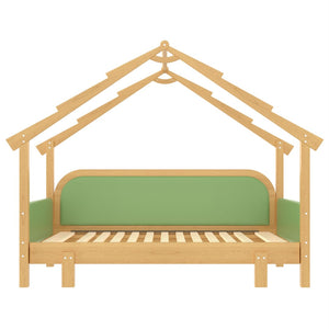 English Elm Twin Pine Treehouse Floor Bed with Padded Rails and Cabin Roofline for Kids Green W1580S00384