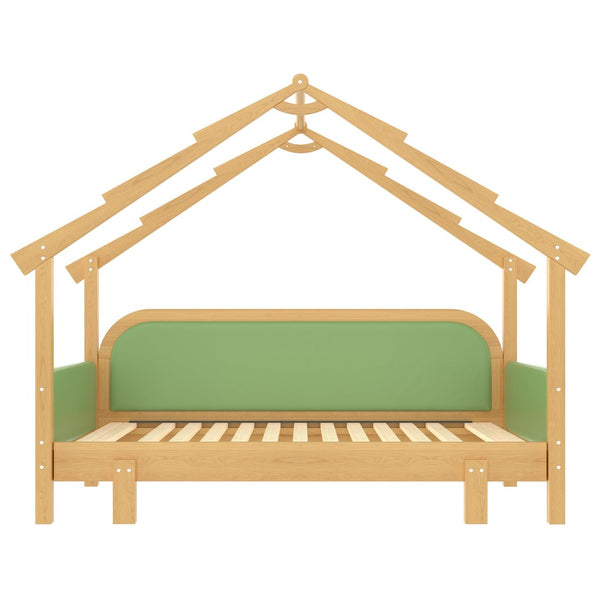 English Elm Twin Pine Treehouse Floor Bed with Padded Rails and Cabin Roofline for Kids Green W1580S00384