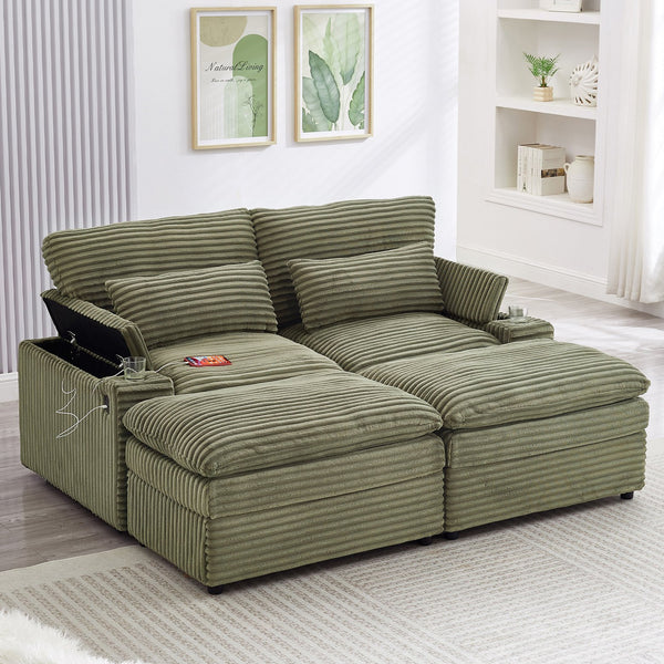 English Elm Loveseat Convertible Sectional Sofa Bed with Storage, Two Ottomans, Dual USB Ports & Cup Holders Green N719S002140F